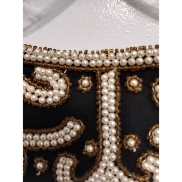 Vintage SILK Jacket Black White Pearls Sz SP Formal Holiday Party Glam Cropped - Picture 14 of 16